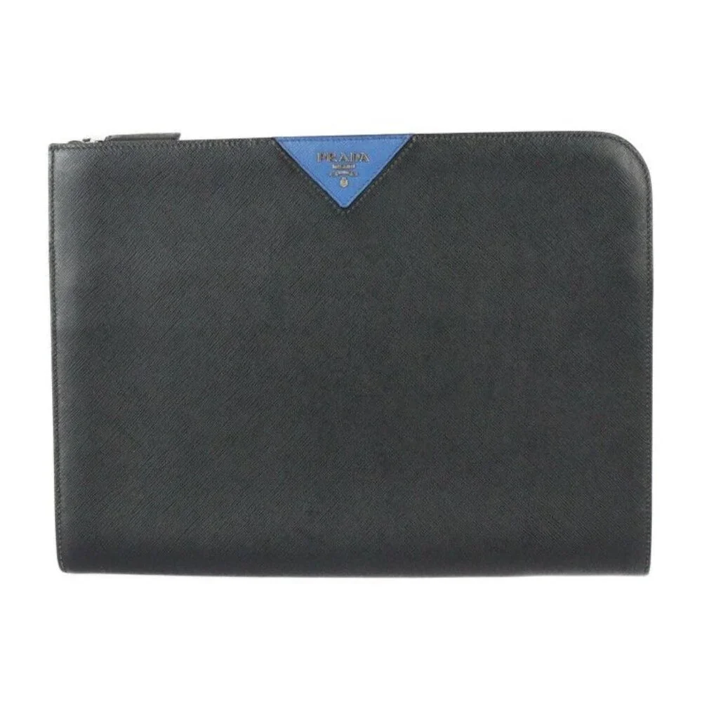 Prada Document Case Second Bag 2 Vn003 Leather Black Blue Silver Hardware